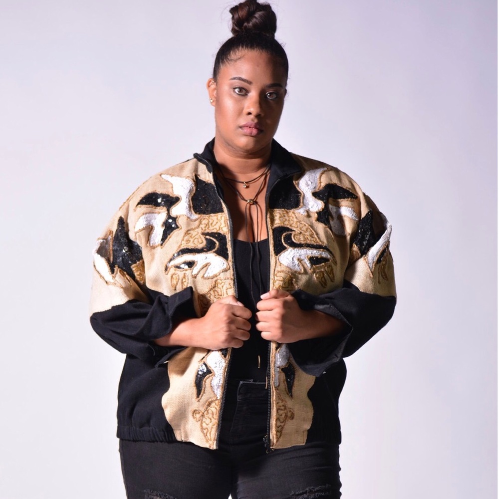 Vin'tij Modi Black Burlap Sequin Denim Jacket